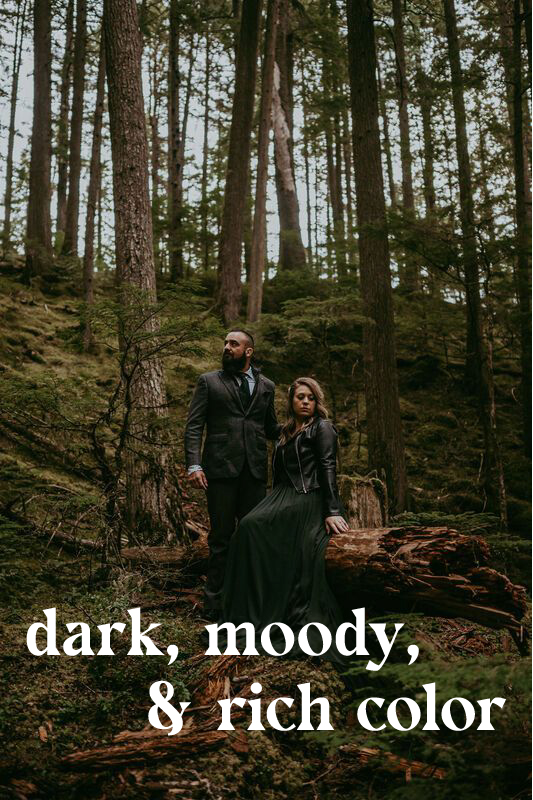 dark moody rich color engagement photo
